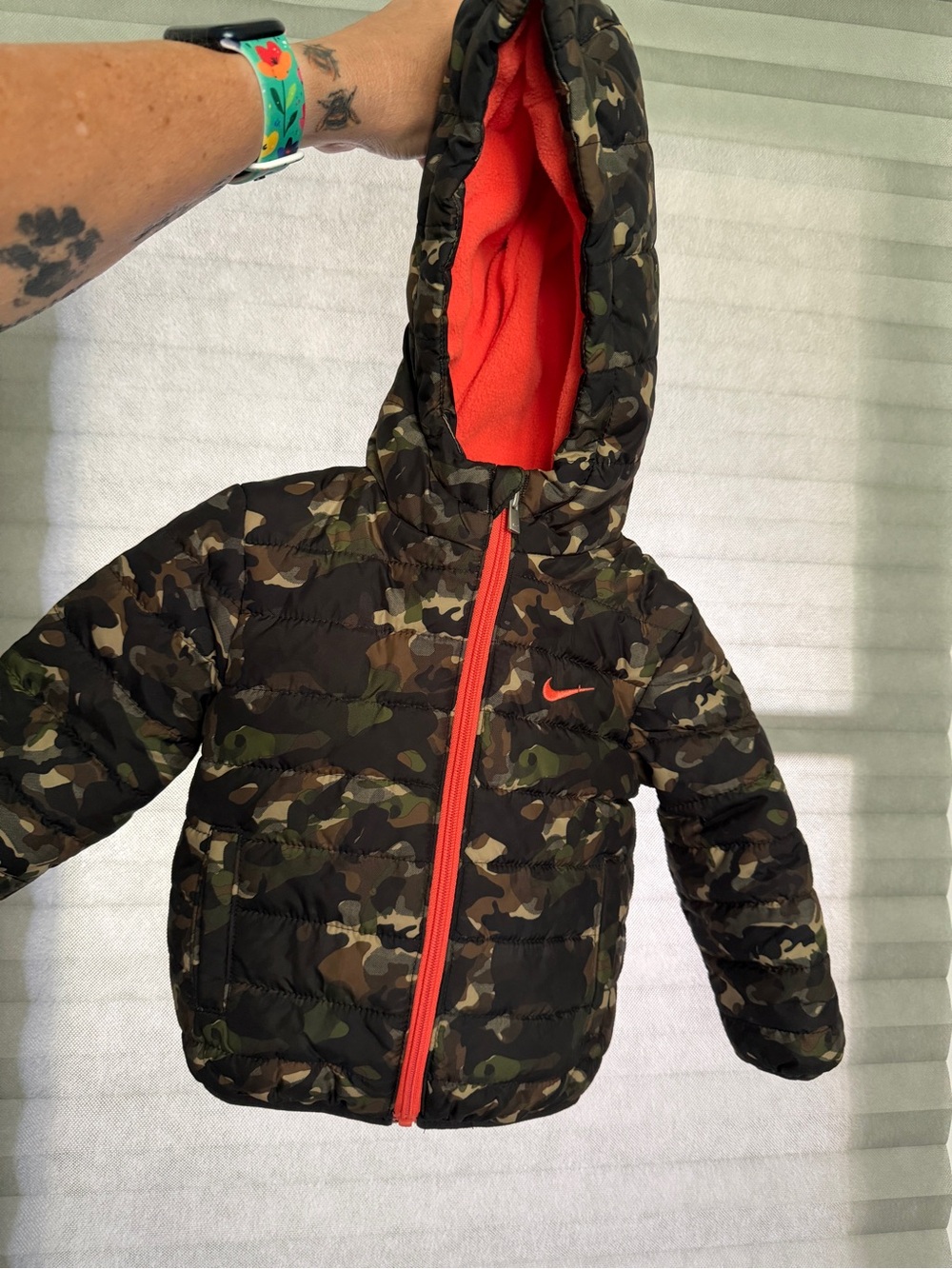 Nike Infant-sized Camo Puffer Coat with orange Swoosh